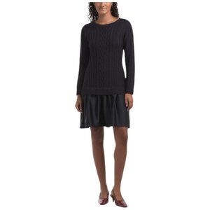 TAYLOR Navy Cable Knit Sweater Mini Dress With Pleated Skirt